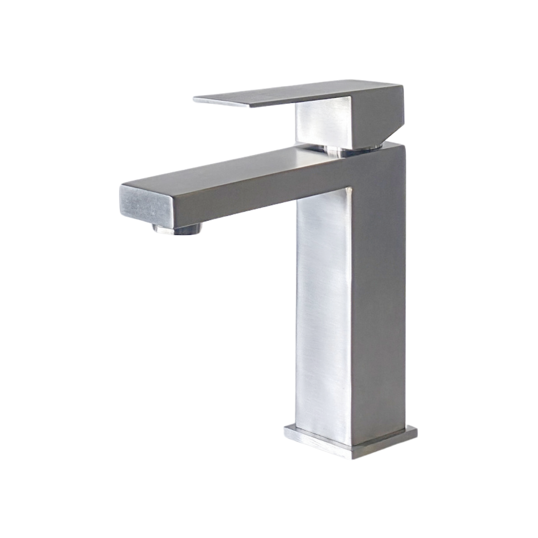 Grifo monomando bajo para lavamanos Kennedy Square en acero inoxidable satinado - Doble temperatura