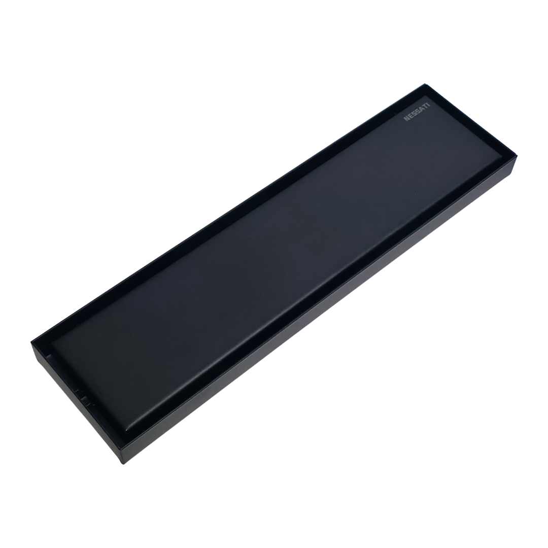 Desagüe para piso lineal 30 x 8 cm con doble función para inserción de baldosa en acero inoxidable negro