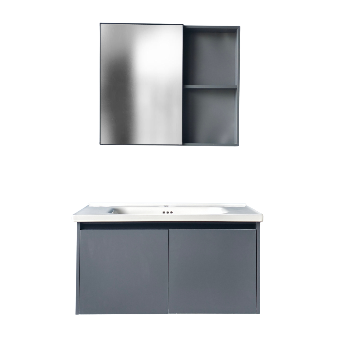 Mueble de lavamanos con gabinete aéreo con espejo gris oscuro