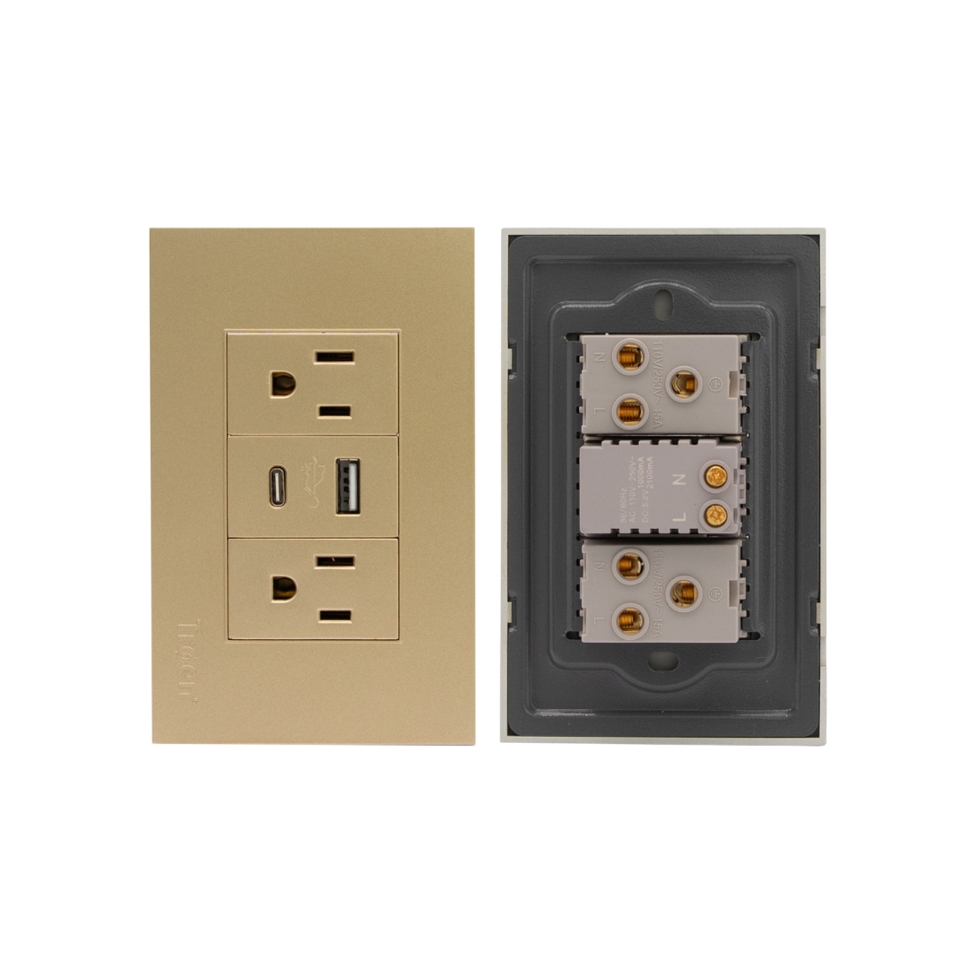 Tomacorriente doble polarizado y aterrizado con puertos USB 110V 15AMP - Dorado