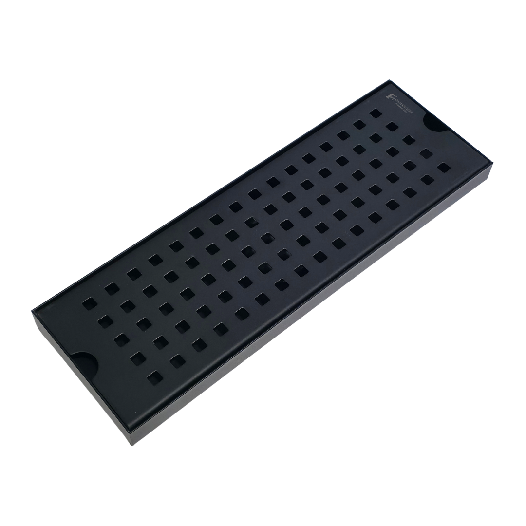Desagüe para piso lineal 30 x 10 cm perforado en cuadros en acero inoxidable negro