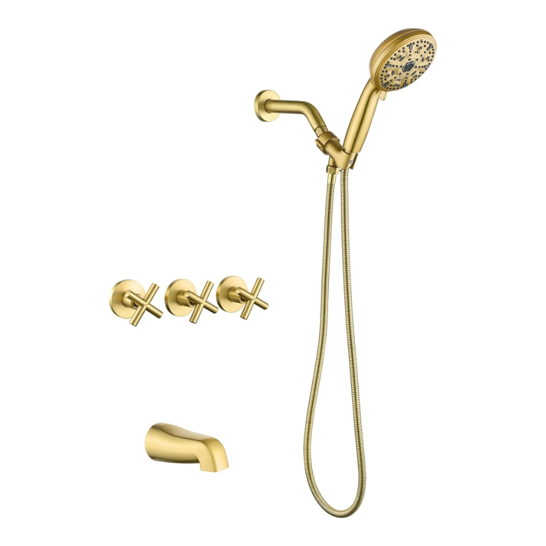 Set de ducha con manguera y tina de 3 manijas en cobre dorado