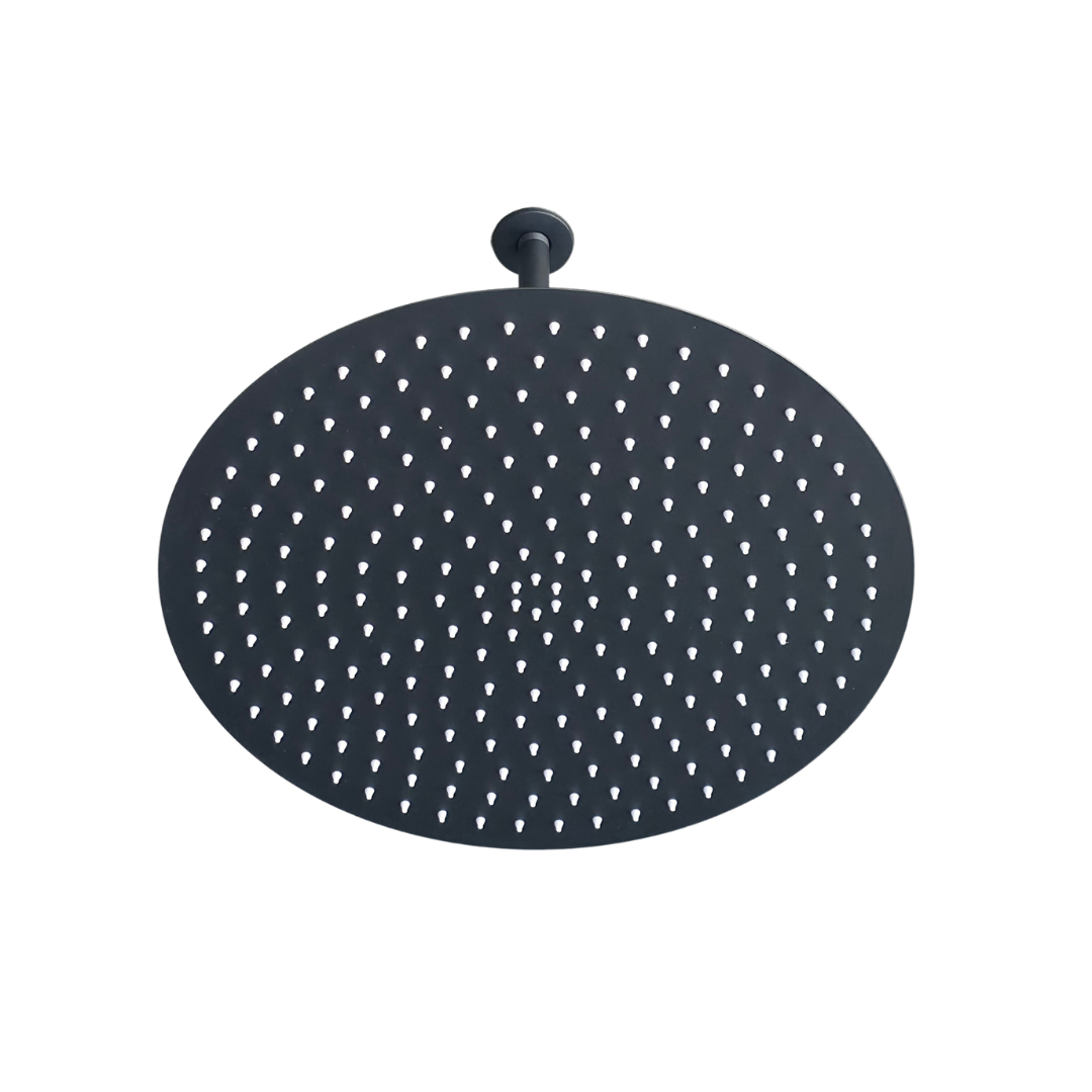Regadera de ducha redonda 16" ultradelgada en acero inoxidable negro con tubo vertical de 30 cm