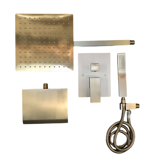 Set de ducha cuadrada con monomando, ducha de mano y salida para tina en acero inoxidable dorado