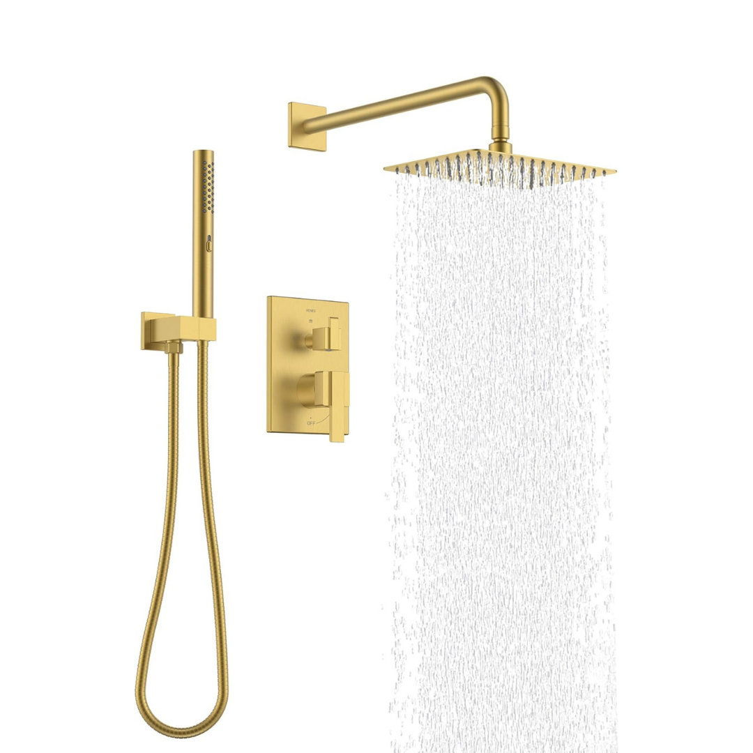 Set de ducha rectangular, monomando y ducha de mano en acero inoxidable dorado