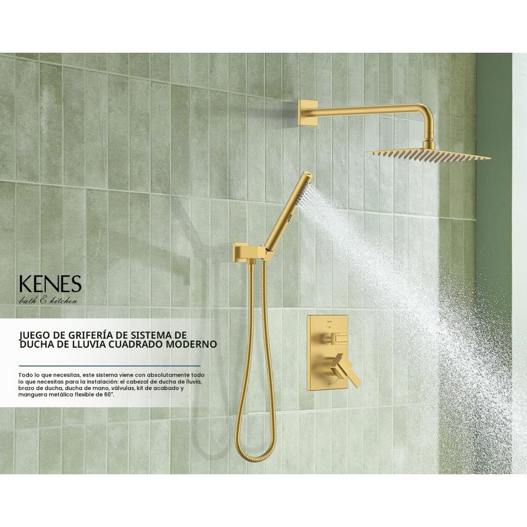 Set de ducha rectangular, monomando y ducha de mano en acero inoxidable dorado