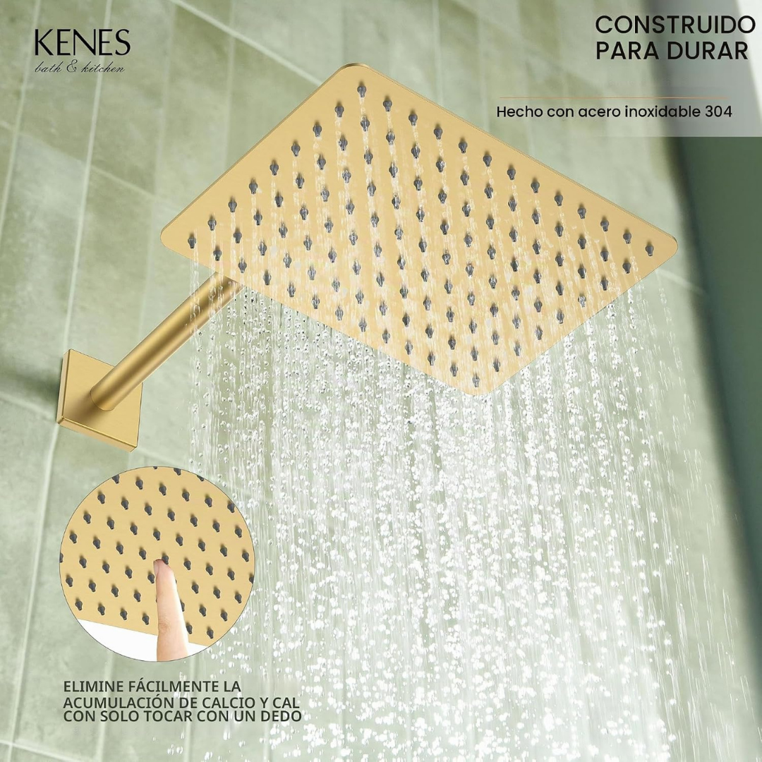 Set de ducha rectangular, monomando y ducha de mano en acero inoxidable dorado