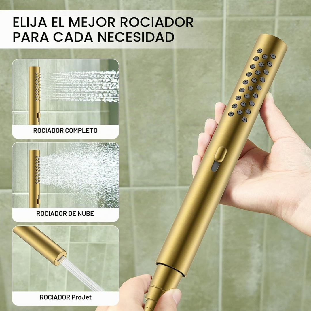 Set de ducha rectangular, monomando y ducha de mano en acero inoxidable dorado