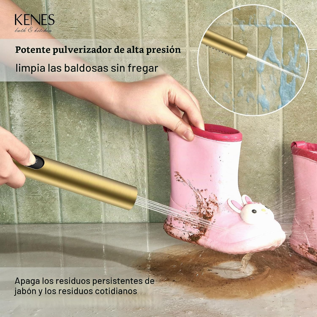 Set de ducha rectangular, monomando y ducha de mano en acero inoxidable dorado