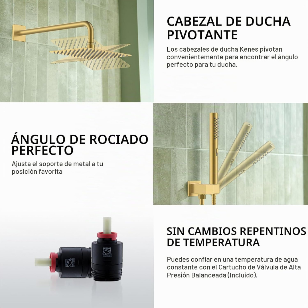 Set de ducha rectangular, monomando y ducha de mano en acero inoxidable dorado