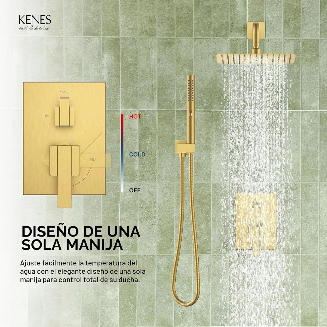 Set de ducha rectangular, monomando y ducha de mano en acero inoxidable dorado