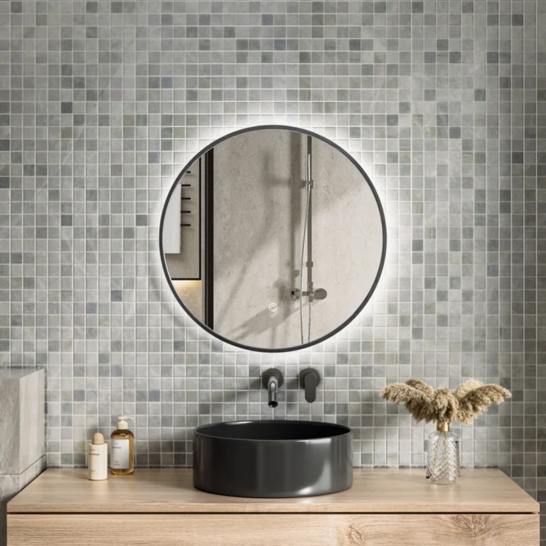 Espejo con luz LED y marco negro - Circular 60 cm -3 tonos de luz regulables
