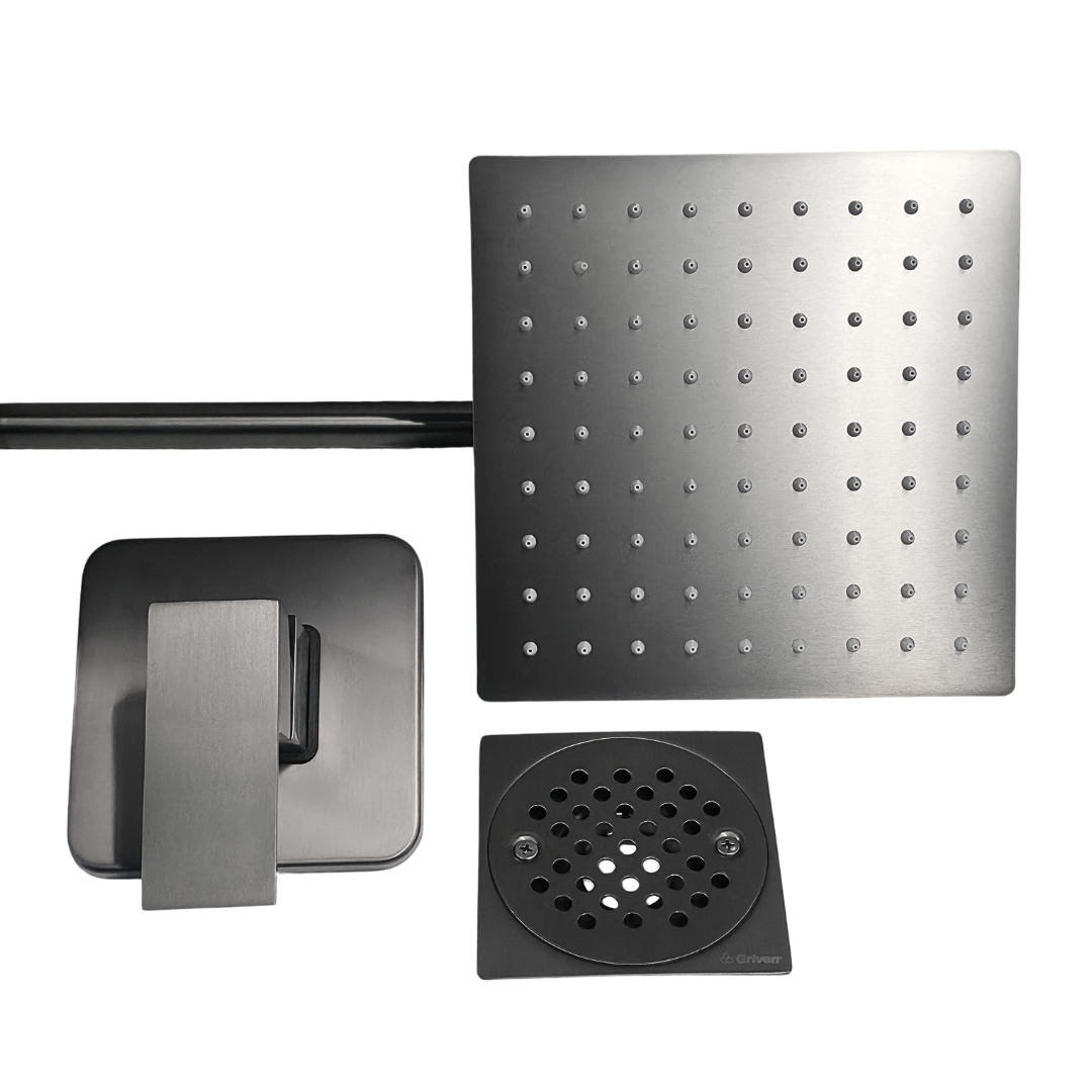 Combo de ducha cuadrada de 8" ultra delgada con tubo de 30 cm, monomando mezclador y desagüe de piso en acero inoxidable con acabado gunmetal