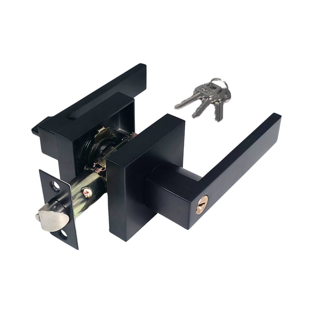 Cerradura tipo palanca cuadrada con llave en acero inoxidable negro mate