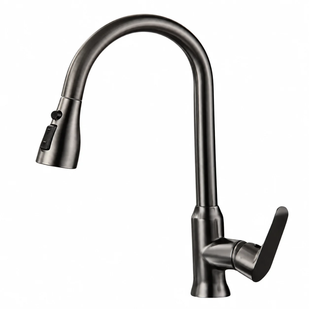 Grifo monomando para fregadero Siena con cuello extensible en acero inoxidable gunmetal, doble temperatura
