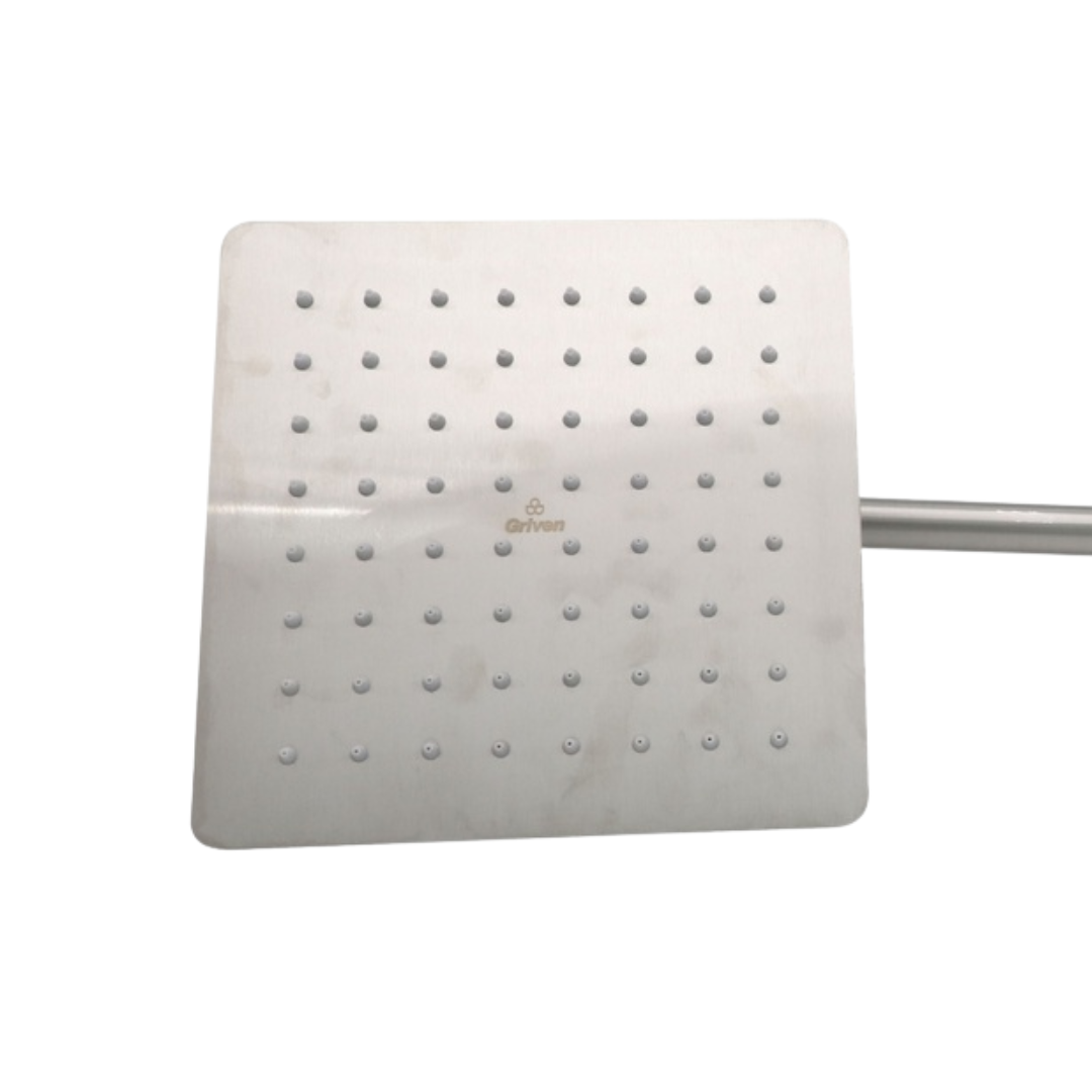 Regadera de ducha cuadrada 8″ ultradelga­da en acero inoxidable satinado con tubo de 50 cm