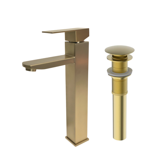 Combo de grifo monomando alto para lavamanos Kennedy en acero inoxidable dorado + Desagüe push