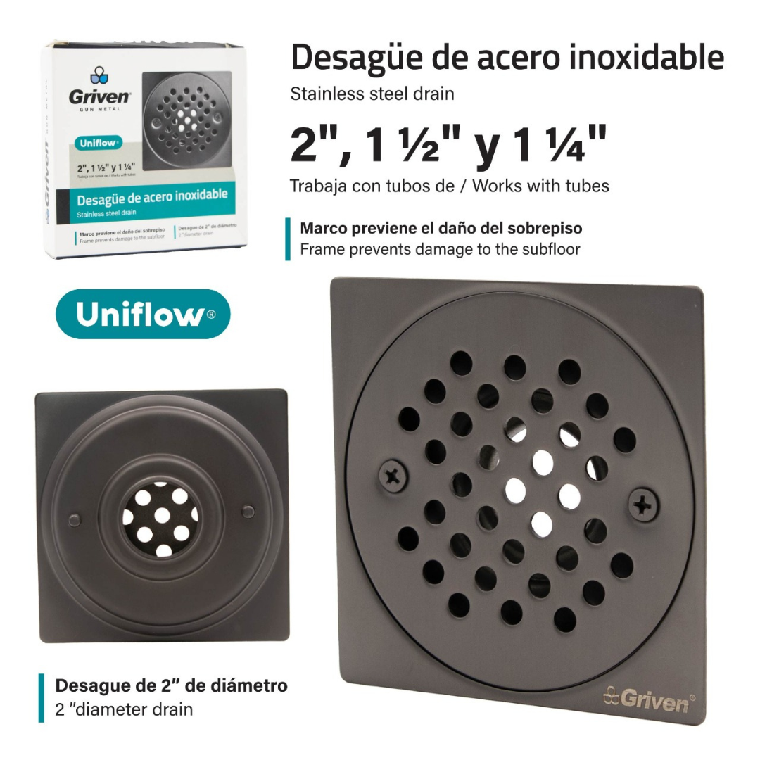 Desagüe para piso cuadrado 4" x 4" sencillo en acero inoxidable gunmetal