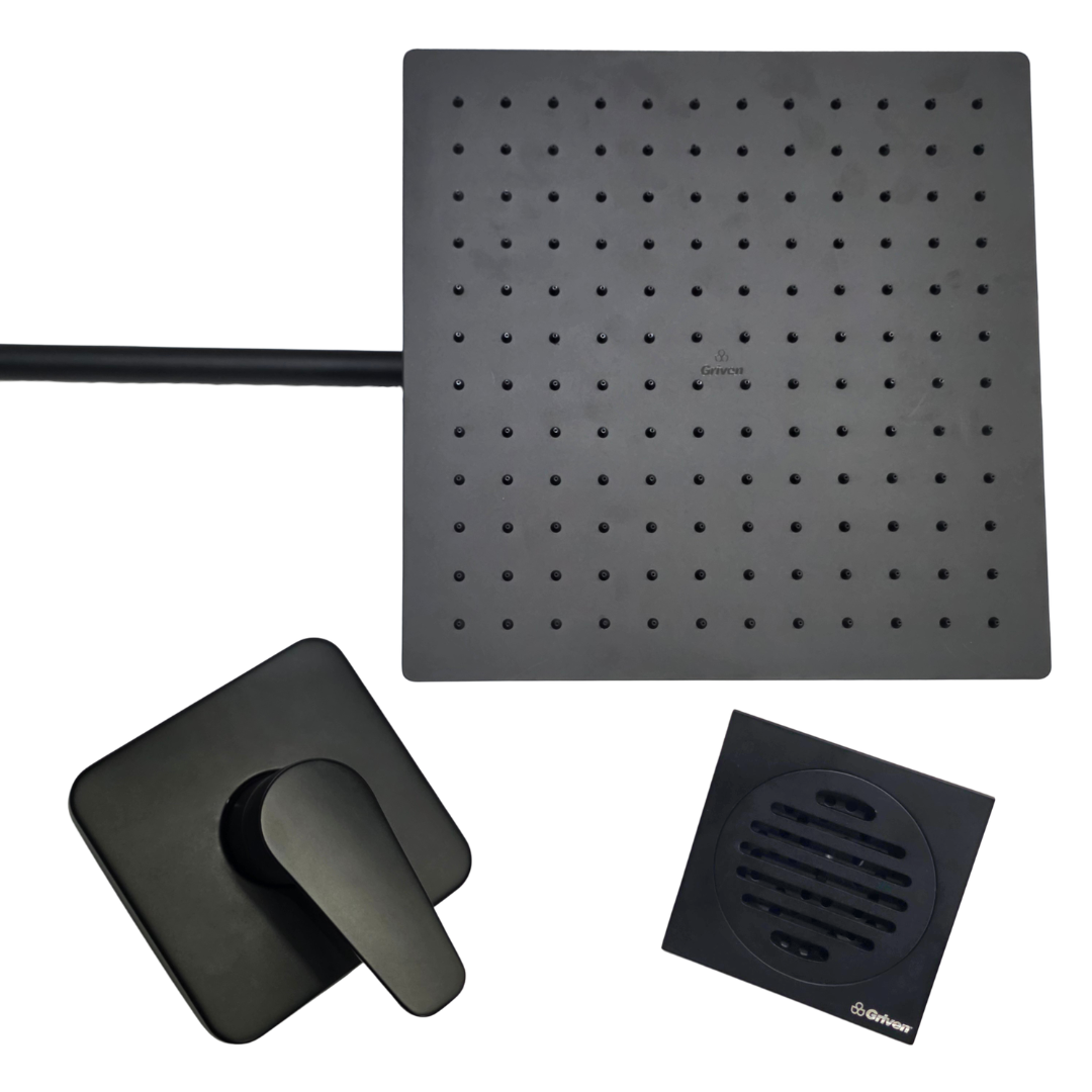 Combo Regadera para Ducha Cuadrada de 12" Ultra Delgada en Acero Inoxidable (Negro Mate)