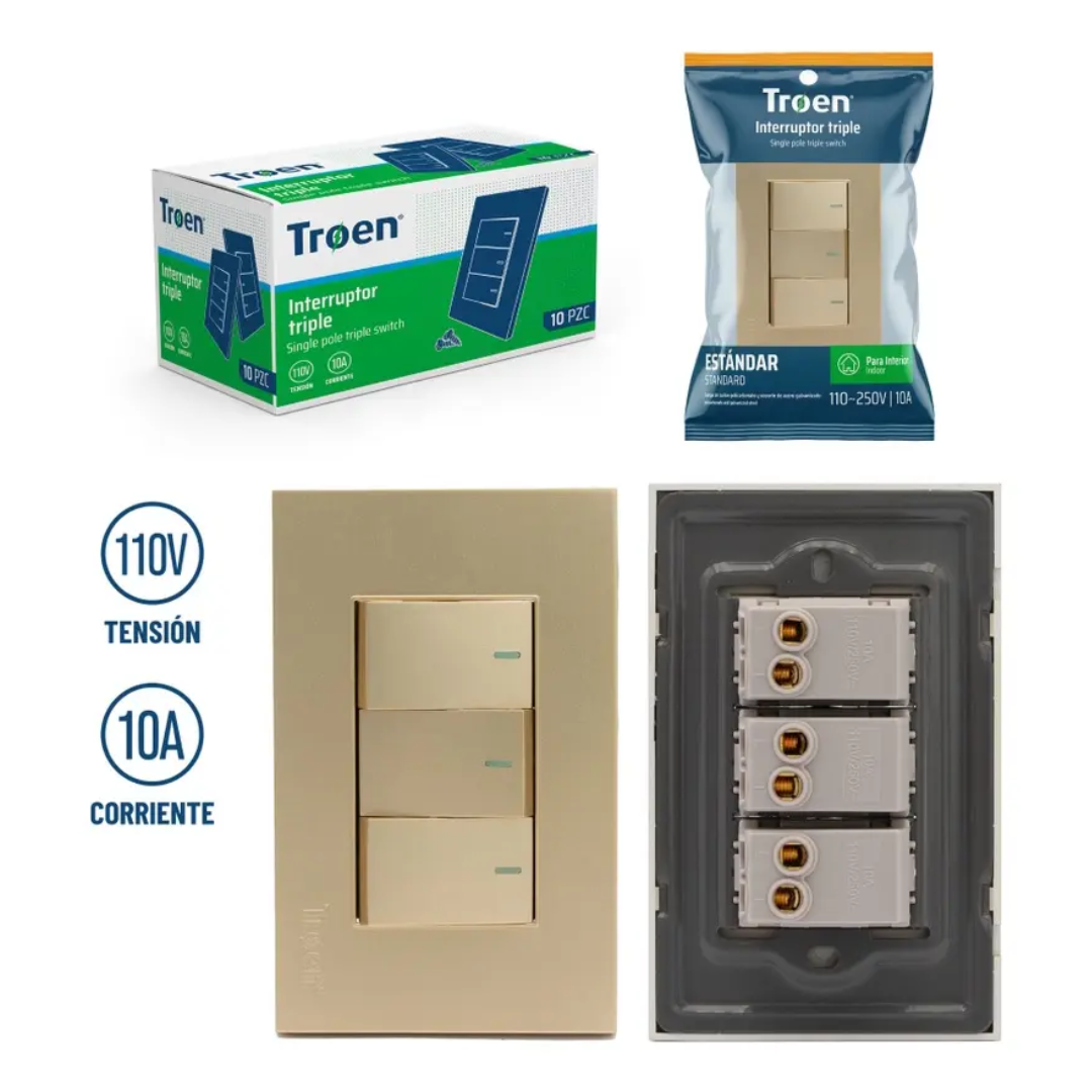 Interruptor triple estándar 110V 10AMP - Dorado