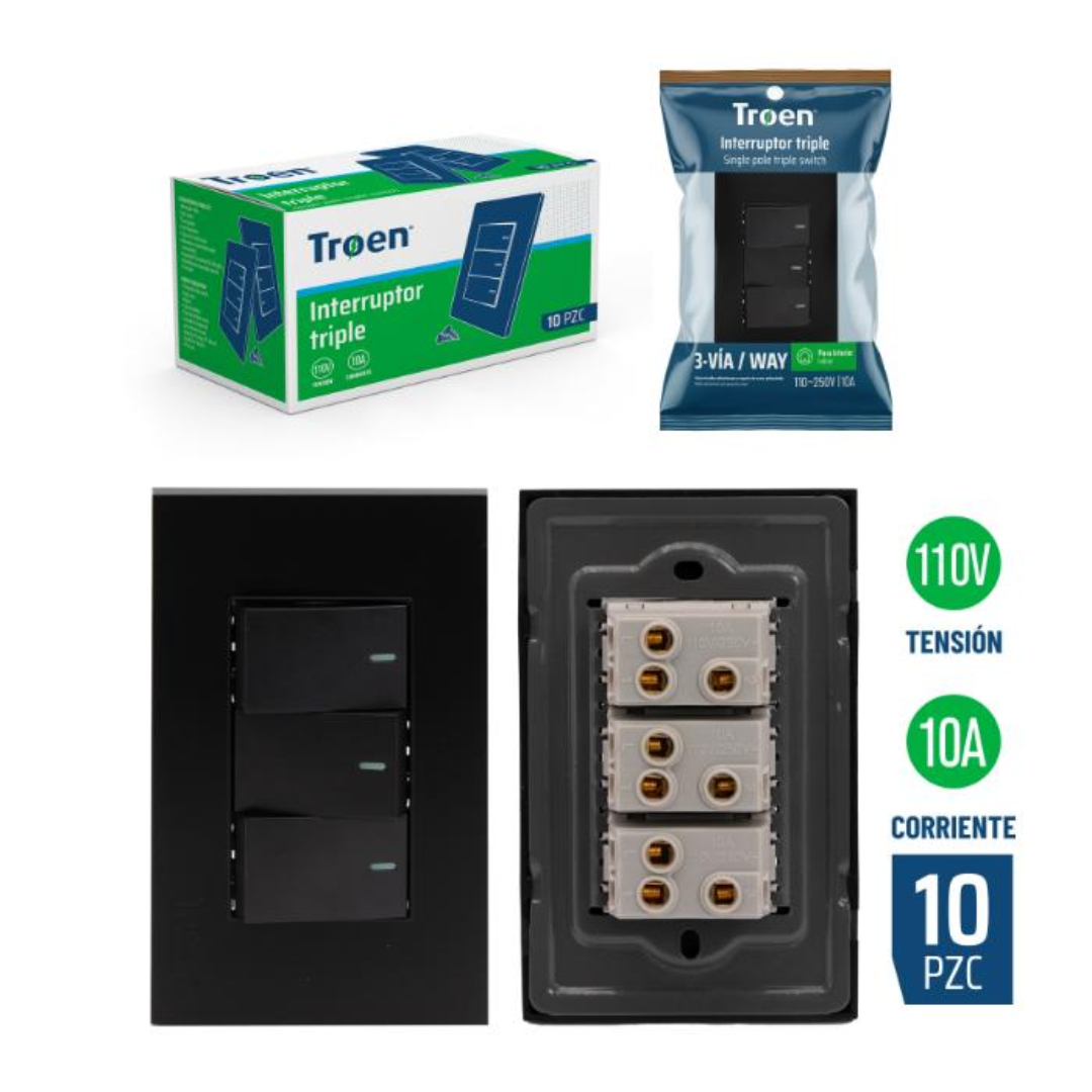 Interruptor triple de 3 vías 110V 10AMP - Negro