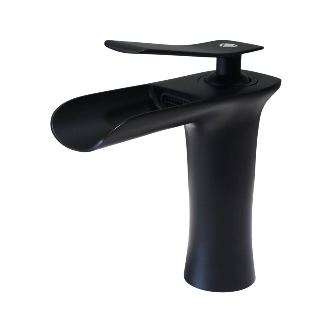 Grifo monomando bajo para lavamanos Cascada en acero inoxidable negro - Doble temperatura