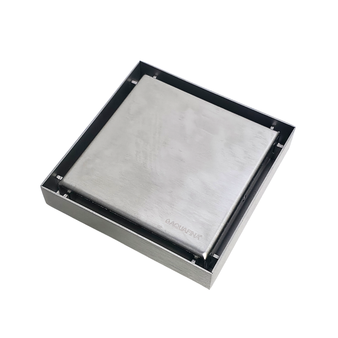 Desagüe para piso cuadrado 10 x 10 cm con doble función para inserción de baldosa en acero inoxidable satinado