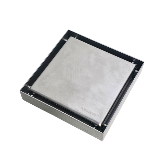 Desagüe para piso cuadrado 10 x 10 cm con doble función para inserción de baldosa en acero inoxidable satinado