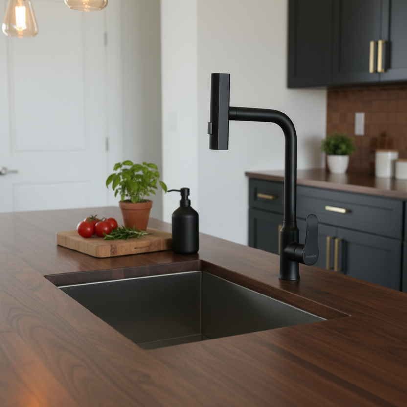 Grifo monomando para fregadero Ópalo con cuello extensible en acero inoxidable negro - Doble temperatura