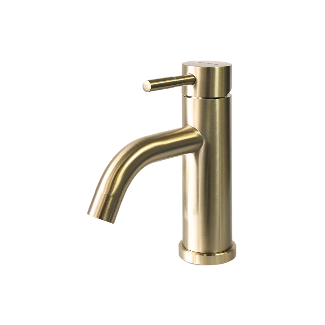 Grifo monomando bajo para lavamanos Selenita en acero inoxidable dorado - Doble temperatura