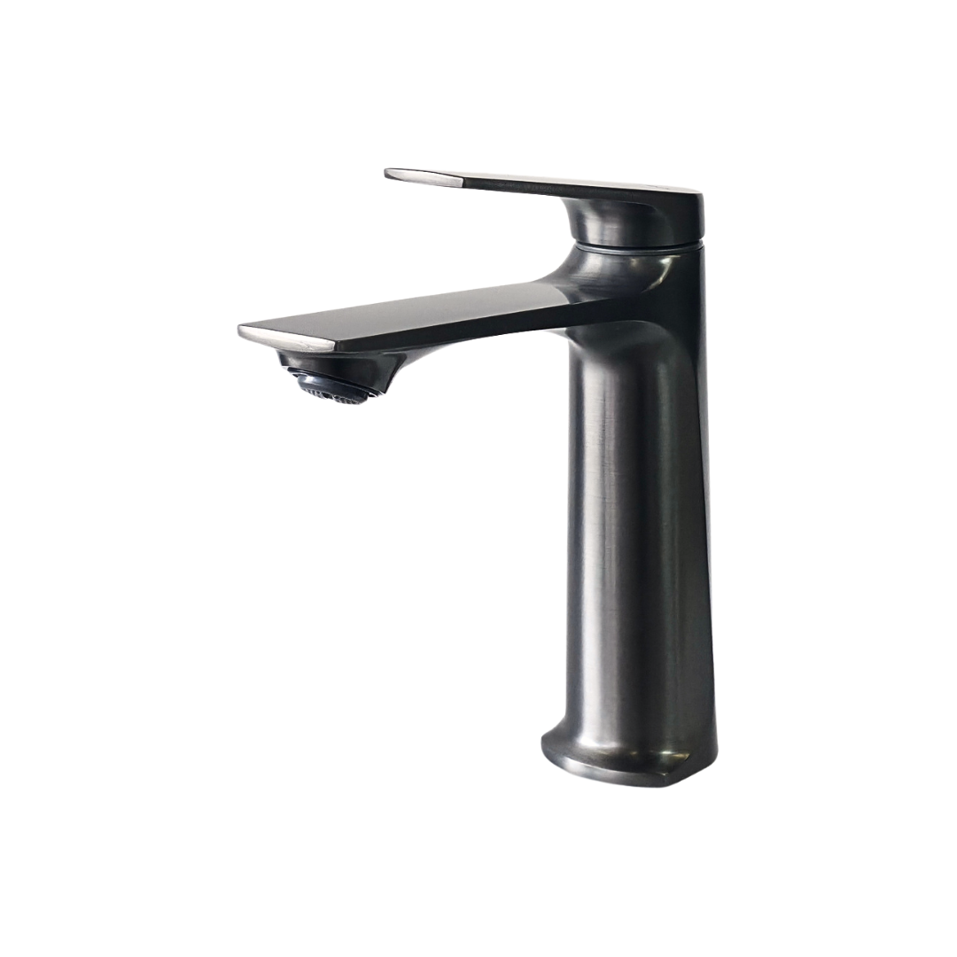 Grifo monomando bajo para lavamanos Fluorita en acero inoxidable gunmetal - Doble temperatura