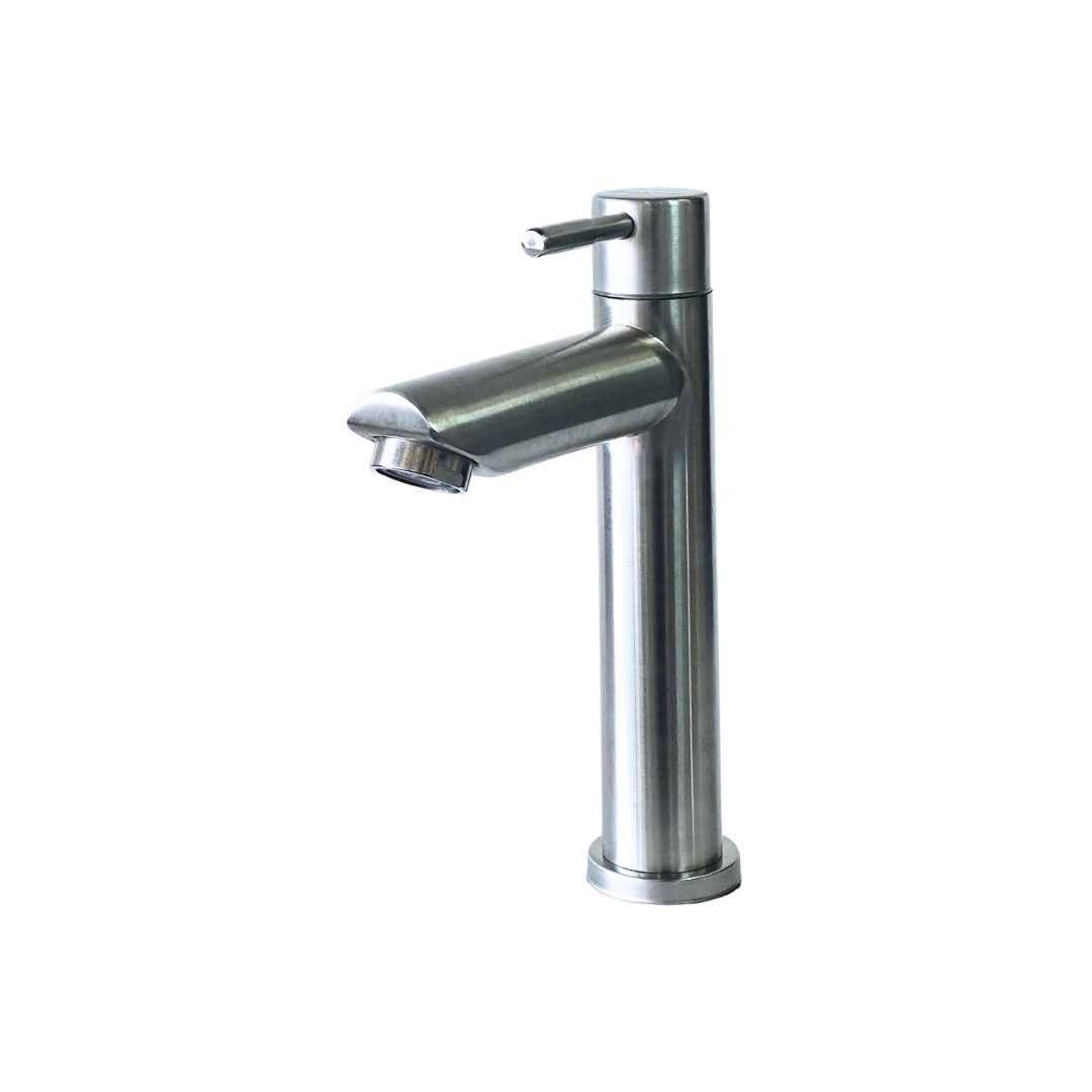 Grifo individual bajo para lavamanos Boxer en acero inoxidable satinado - Una temperatura