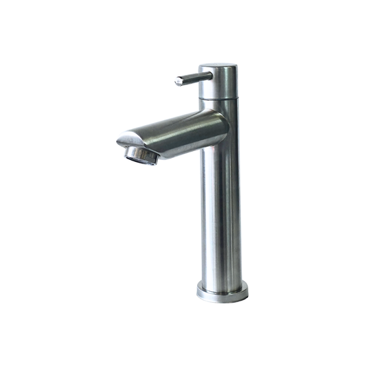 Grifo individual bajo para lavamanos Boxer en acero inoxidable satinado - Una temperatura