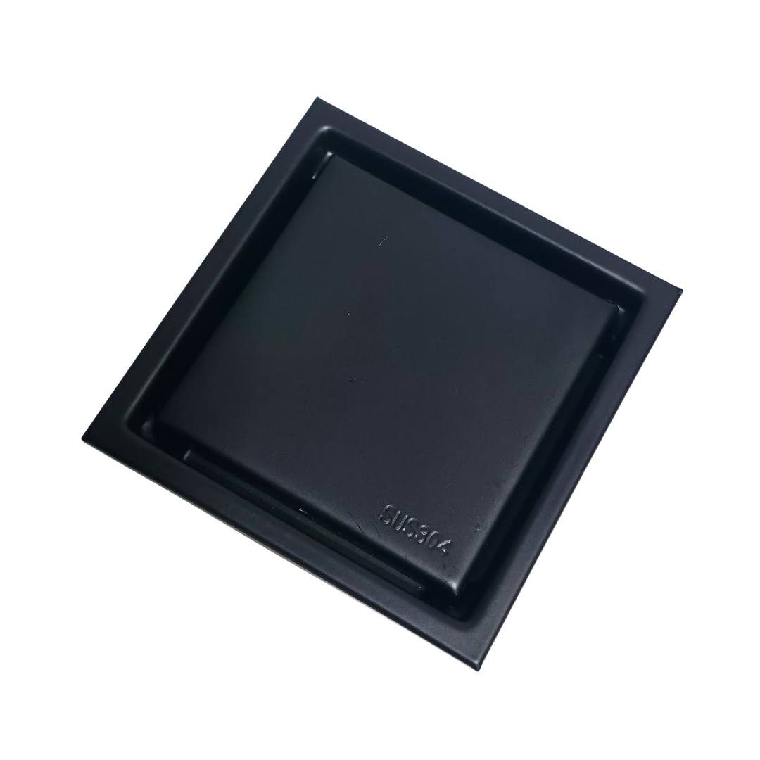 Desagüe para piso cuadrado 11 x 11 cm con doble función para inserción de baldosa en acero inoxidable negro