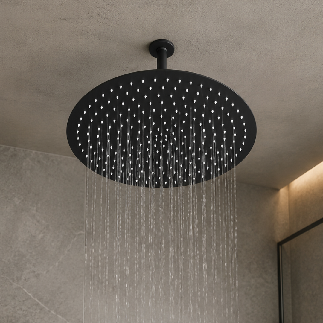 Regadera de ducha redonda 16" ultradelgada en acero inoxidable negro con tubo vertical de 30 cm