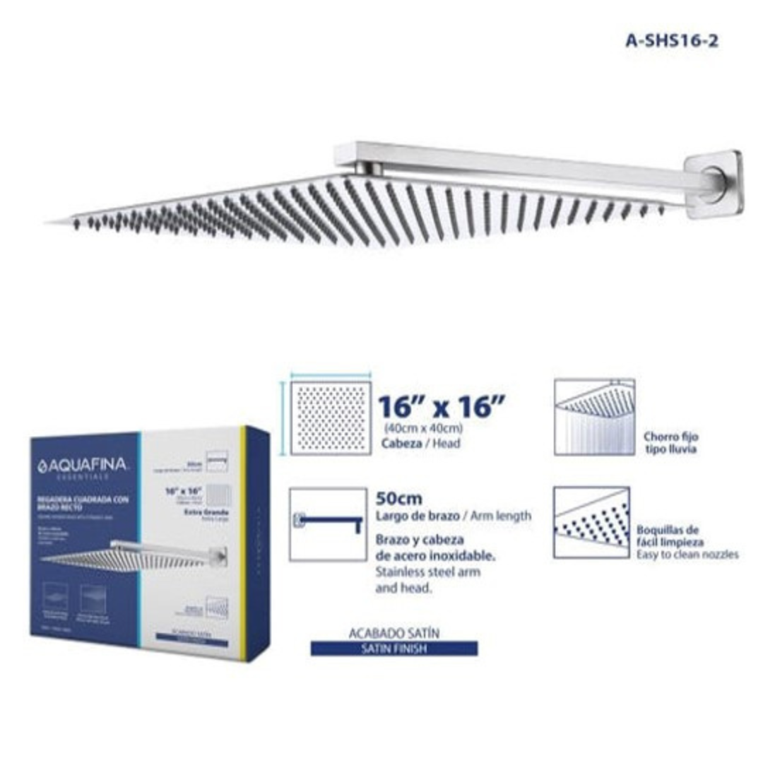 Regadera de ducha cuadrada 16" ultradelgada en acero inoxidable satinado con tubo de 50 cm