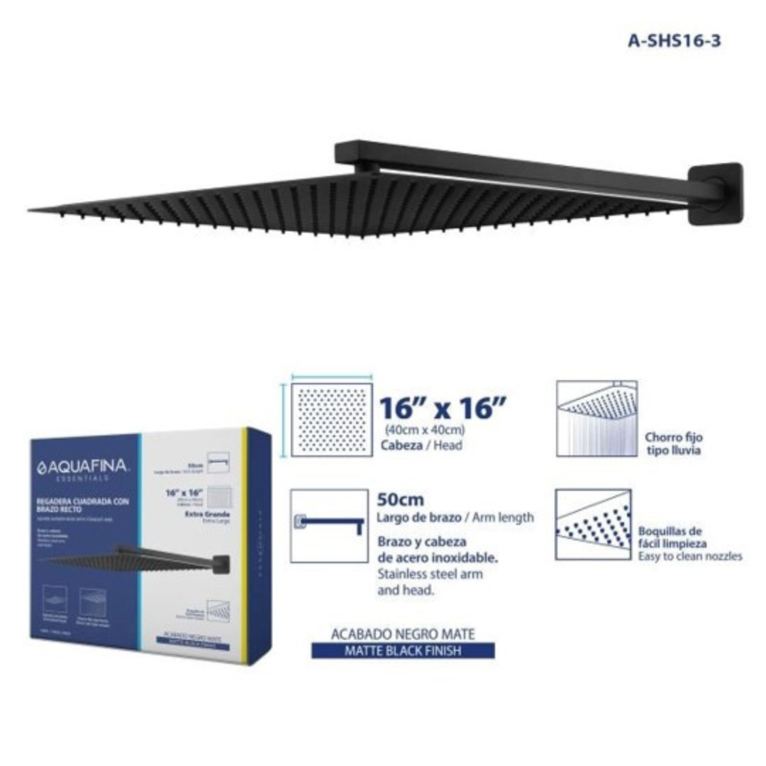 Regadera de ducha cuadrada 16" ultradelgada en acero inoxidable negro con tubo de 50 cm