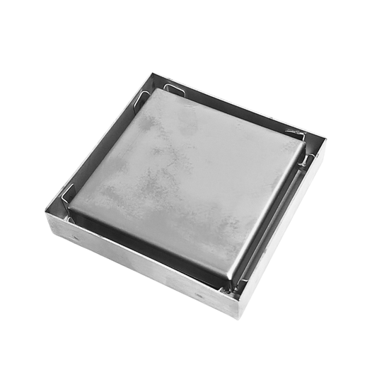 Desagüe para piso cuadrado 10 x 10 cm con doble función para inserción de baldosa en acero inoxidable satinado