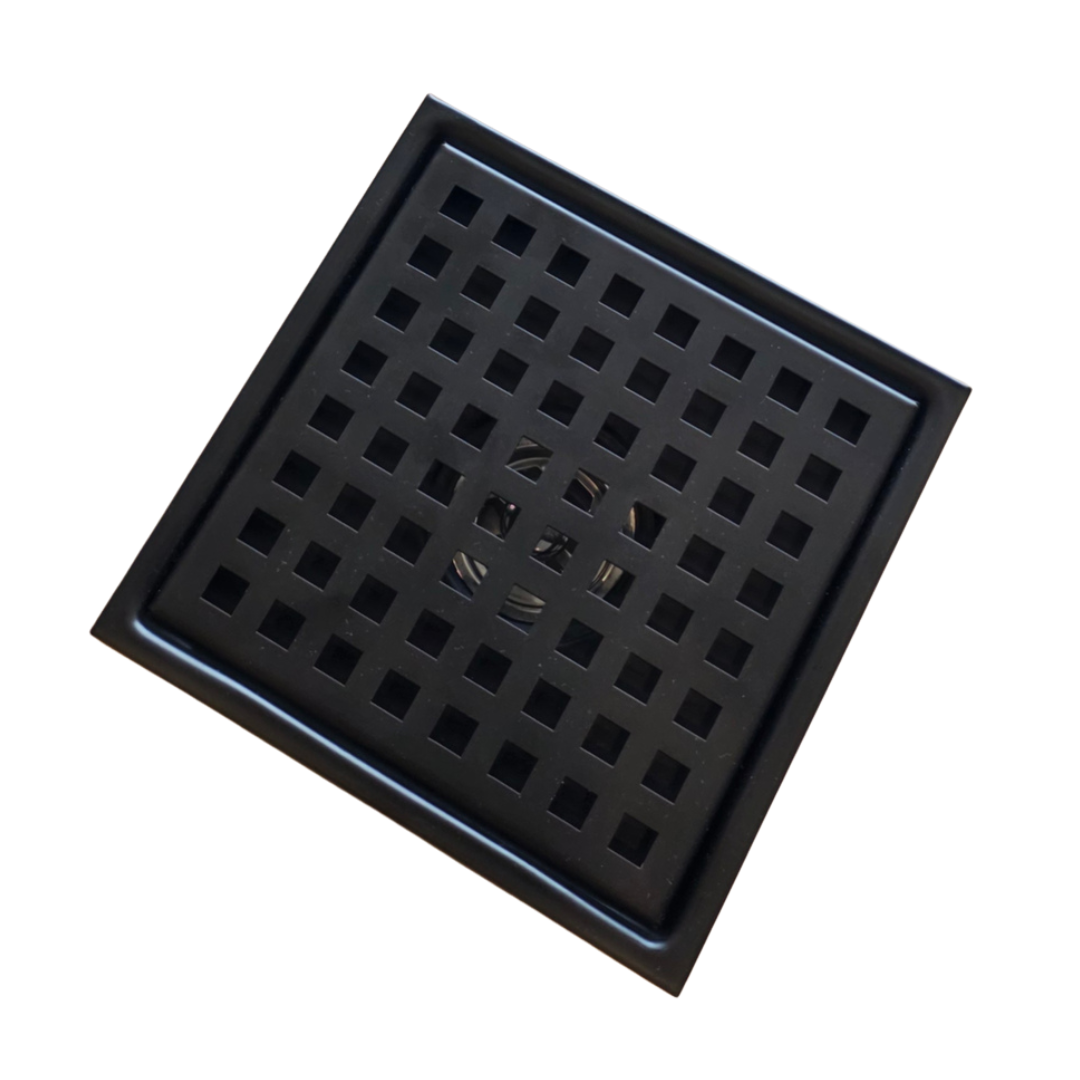 Desagüe para piso cuadrado 15 x 15 cm perforado en cuadros en acero inoxidable negro