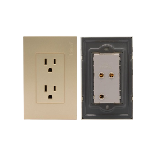 Tomacorriente doble polarizado y aterrizado 110V 15AMP - Dorado