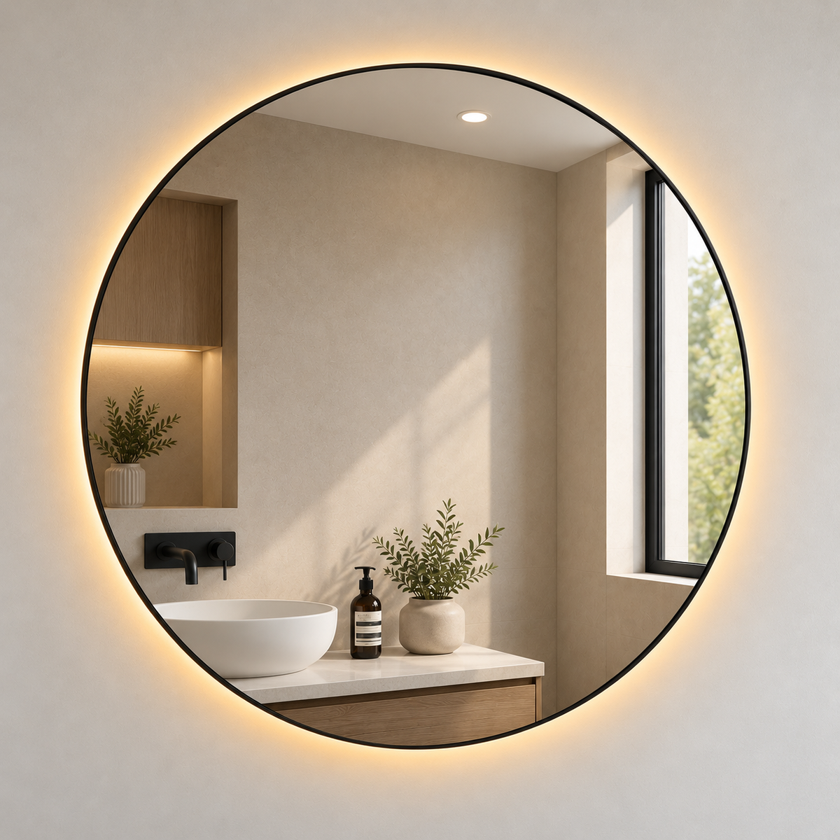 Espejo con luz LED y marco negro - Circular 80 cm -3 tonos de luz regulables