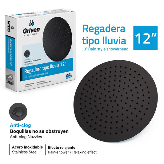 Ducha Redonda de 12" Ultra Delgada en Acero Inoxidable (Negro Mate)