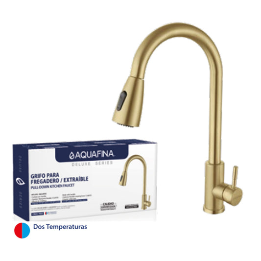 Grifo Monomando para Fregadero Extensible / Cuello Alto / Tipo Cisne - Agua Fría y Caliente en Dorado de Acero Inoxidable