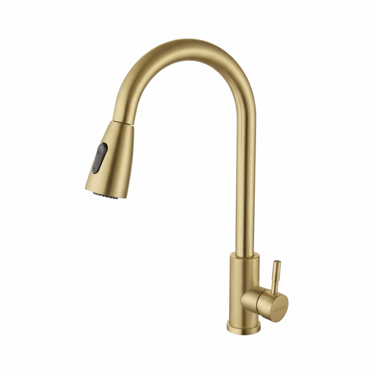 Grifo Monomando para Fregadero Extensible / Cuello Alto / Tipo Cisne - en Dorado de Acero Inoxidable