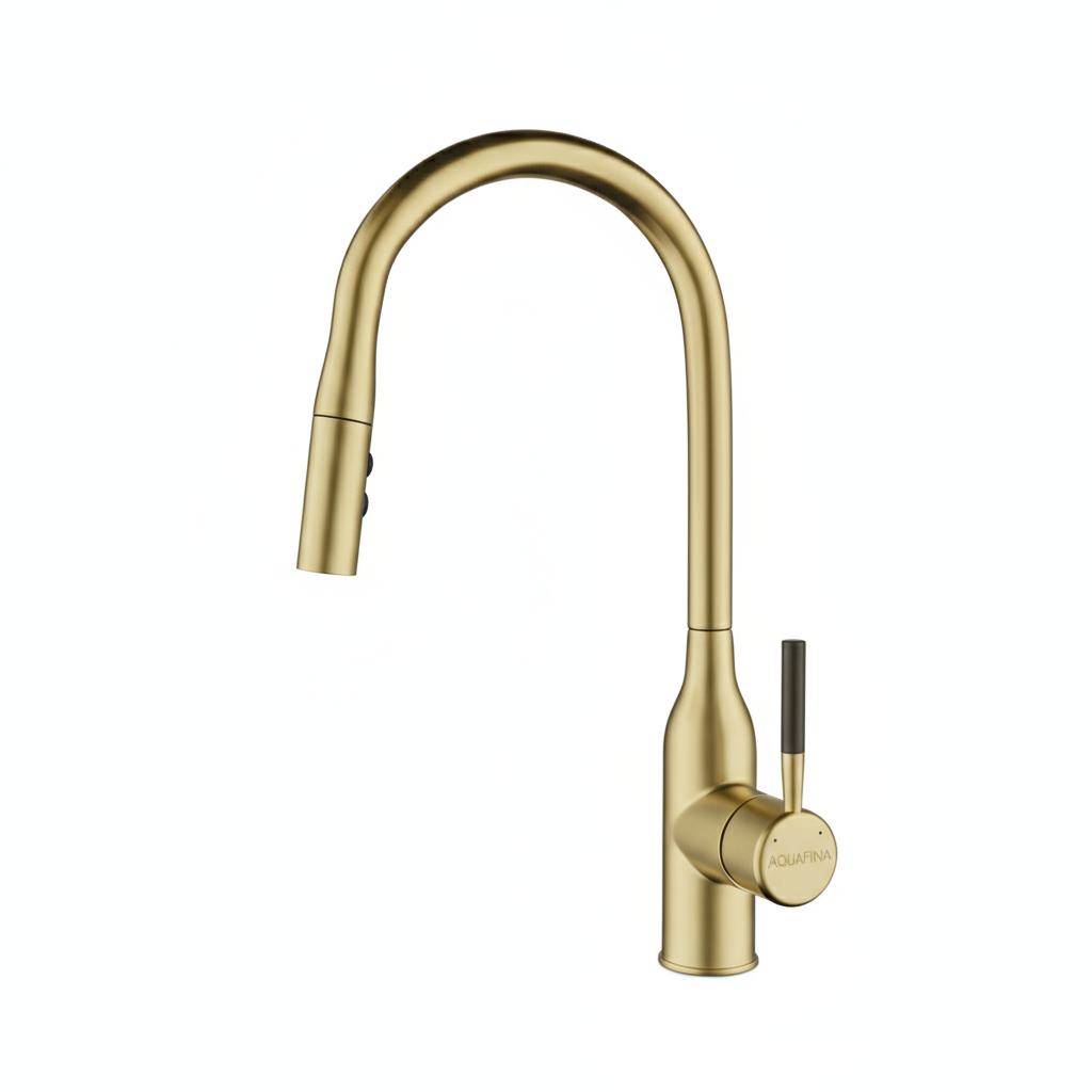 Grifo monomando para fregadero Rubí con cuello extensible en acero inoxidable dorado - Doble temperatura