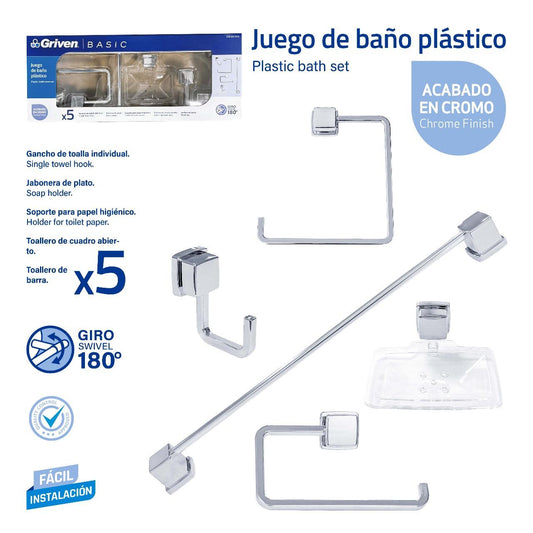 Set de Accesorios Basic para Baño (5 Piezas) con Acabado Cromado en plástico ABS