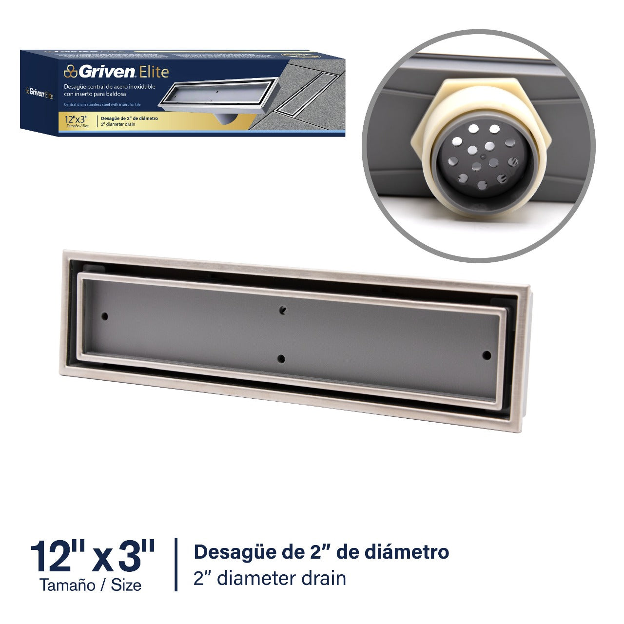 Desagüe de Baño Rectangular para Baldosa en Corte 12" x 3" en Acero Inoxidable acabado Satinado