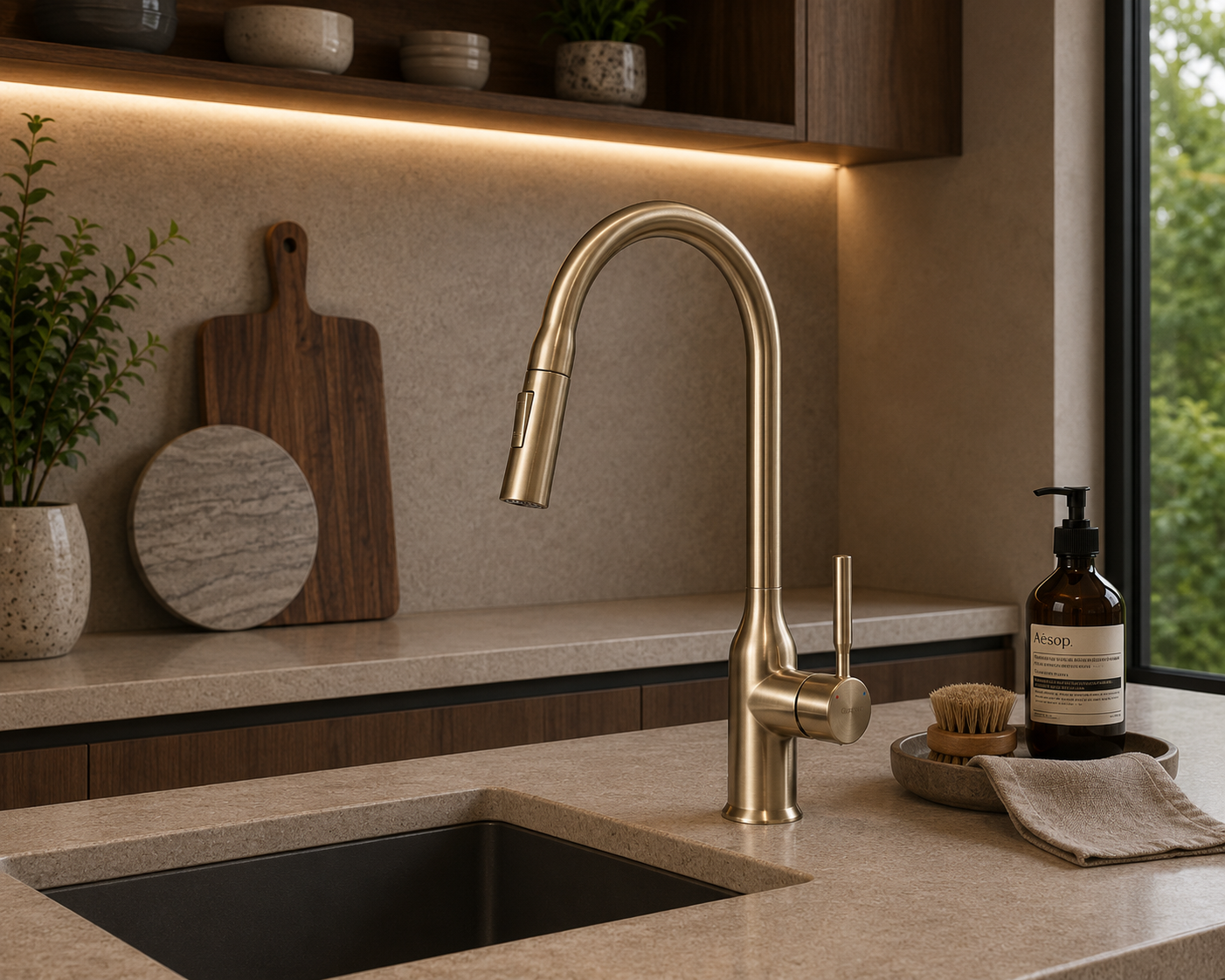 Grifo monomando para fregadero Rubí con cuello extensible en acero inoxidable dorado - Doble temperatura