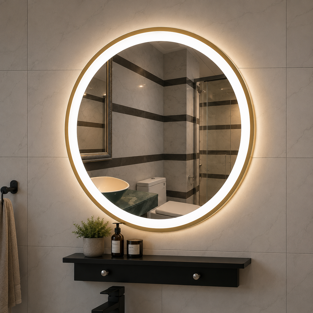 Espejo Redondo con Acabado Dorado de 60CM con Luz LED 6,000K (Luz Blanca)