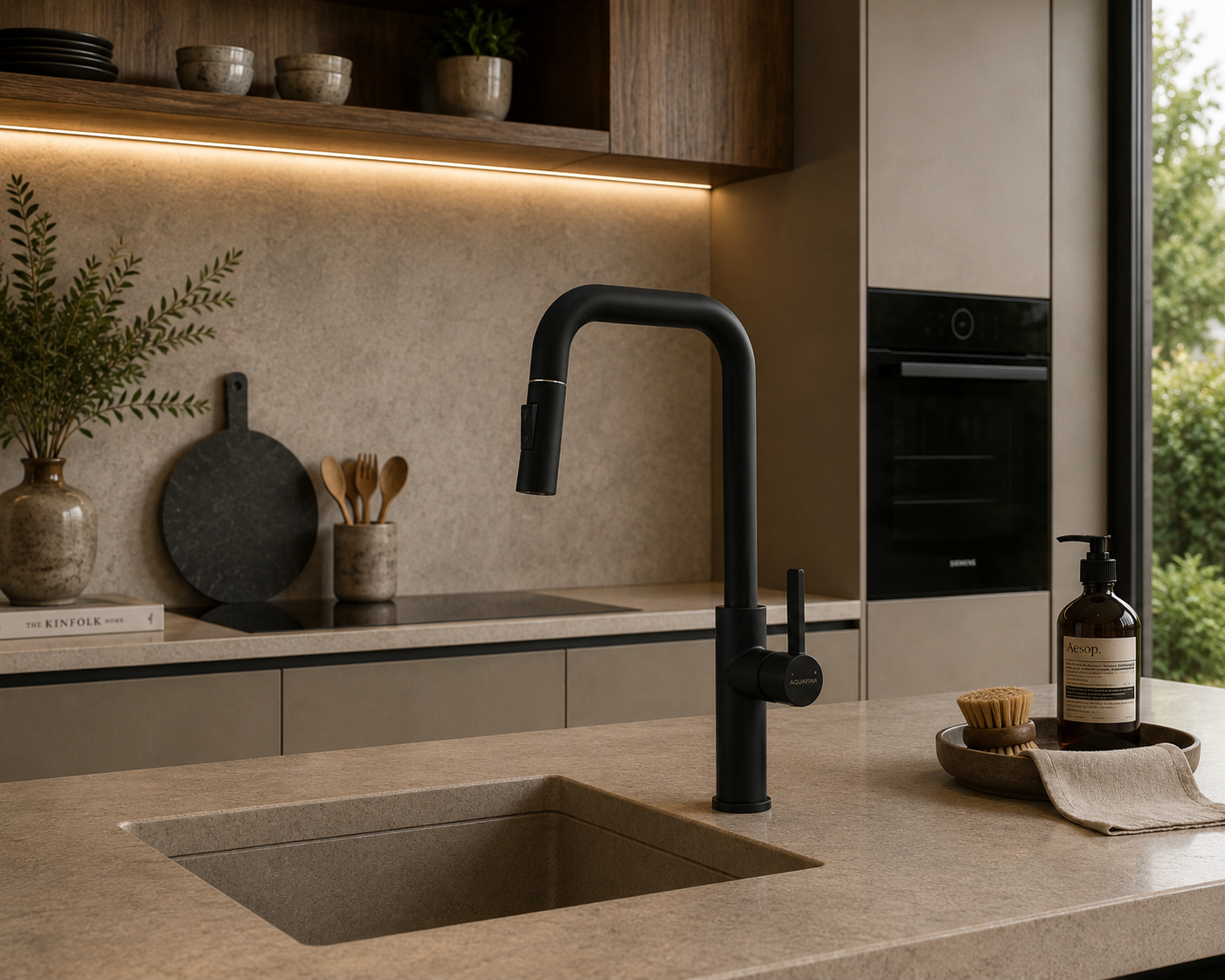 Grifo monomando para fregadero Broncita con cuello extensible en acero inoxidable negro - Doble temperatura